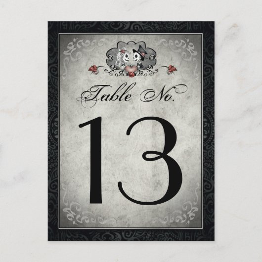 結婚のスケルトンの黒いグレーとハートのテーブル番号 ポストカード (正面)