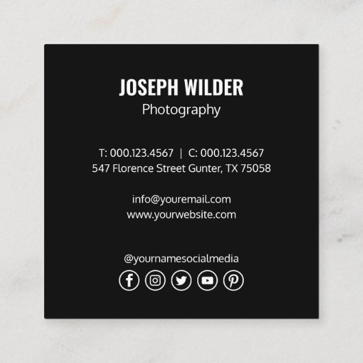 結婚のスタイリッシュ写真家の写真QRコードブラック スクエア名刺 (裏面)