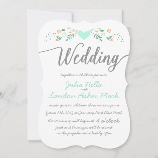 結婚のタイポグラフィフォークアートフローラ結婚式の誘い 招待状 (正面)