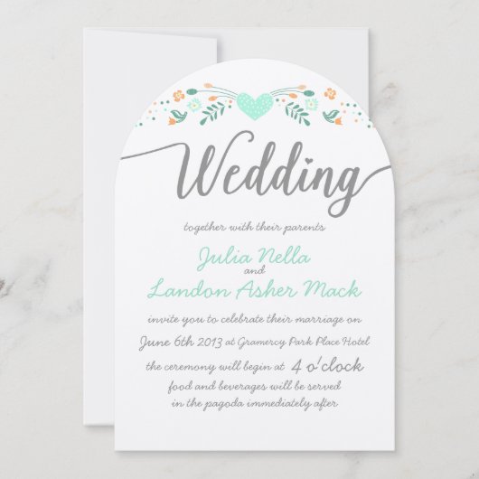 結婚のタイポグラフィフォークアートフローラ結婚式の誘い 招待状 (正面)