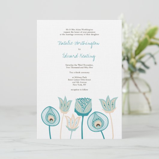 結婚のターコイズブルーアイボリーファンキー花 招待状 (スタンド正面)