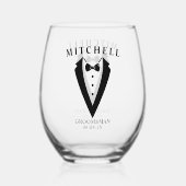 結婚のツキシードパーソナライズされたグルメ ステムなしワイングラス (裏面)