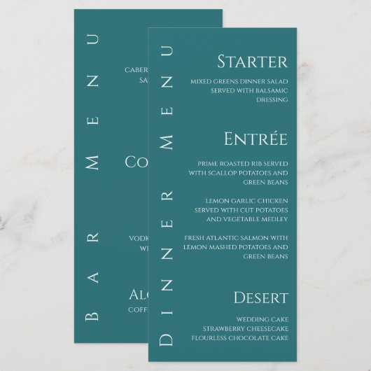 結婚のディナーとバーメニュー – エメラルドグリーン –  メニュー (正面/裏面)
