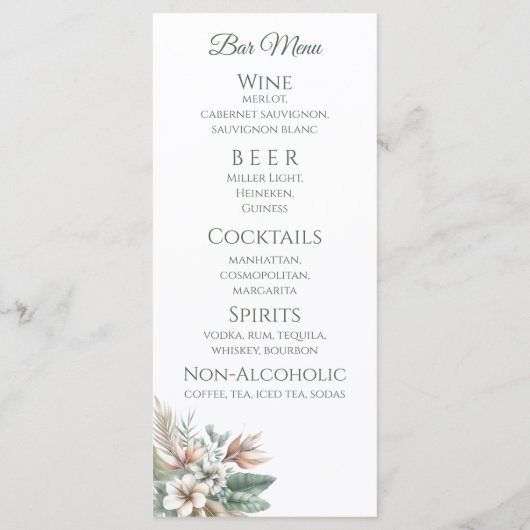 結婚のディナーとバーメニュー – トロピカルエレガンス メニュー (裏面)