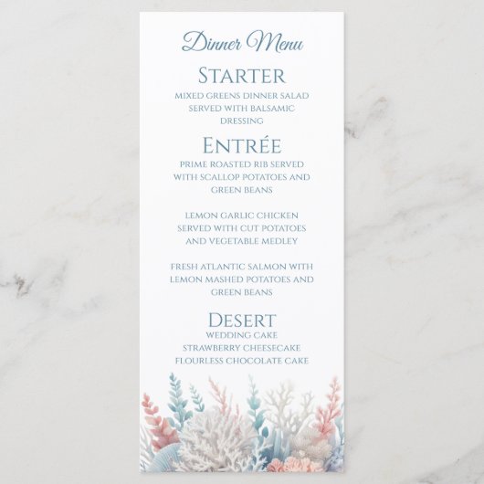 結婚のディナーとバーメニュー – パステルコーラルリーフ メニュー (正面)