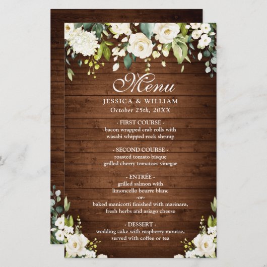 結婚のディナーメニューWood & White Rose 素朴 (正面/裏面)