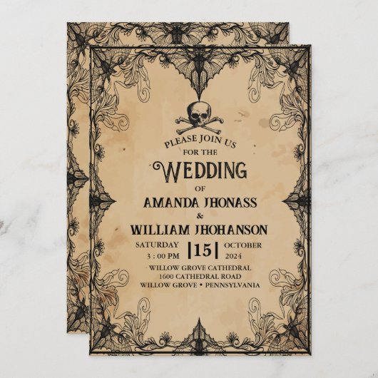結婚のハロウィンヴィンテージホラーゴシック体のおもしろい 招待状 (正面/裏面)