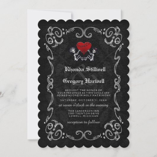 結婚のハロウィーンスケルトン&ハート招待状 招待状 (正面)