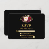 結婚のバエレガントルグンディフローラブラック金ゴールドRSVP 出欠カード (正面/裏面)