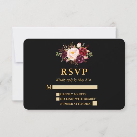結婚のバエレガントルグンディフローラブラック金ゴールドRSVP 出欠カード (正面)