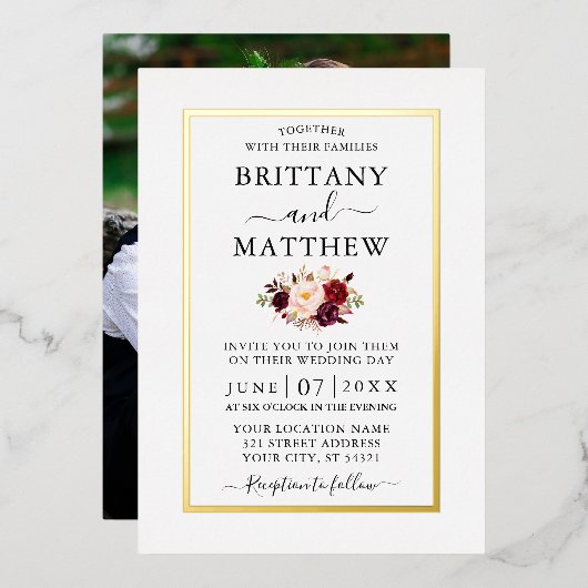 結婚のバモダンルエレガントグンディフローラ写真金ゴールド 箔招待状 (正面/裏面)