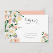 結婚のバラ金ゴールド白花模様RSVP 出欠カード (正面/裏面)