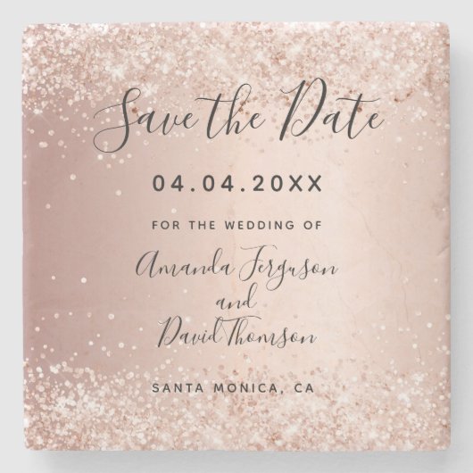 結婚のバラ金ゴールド赤面グリッター日付の保存 ストーンコースター (正面)