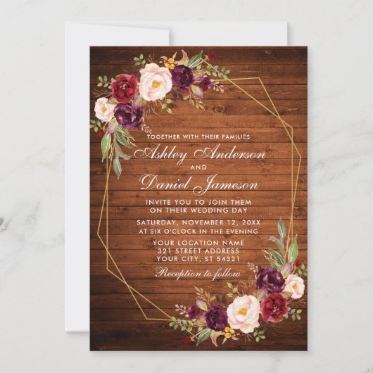 結婚のバーガンディフローラ木幾何学模様フレーム写真 招待状 (正面)