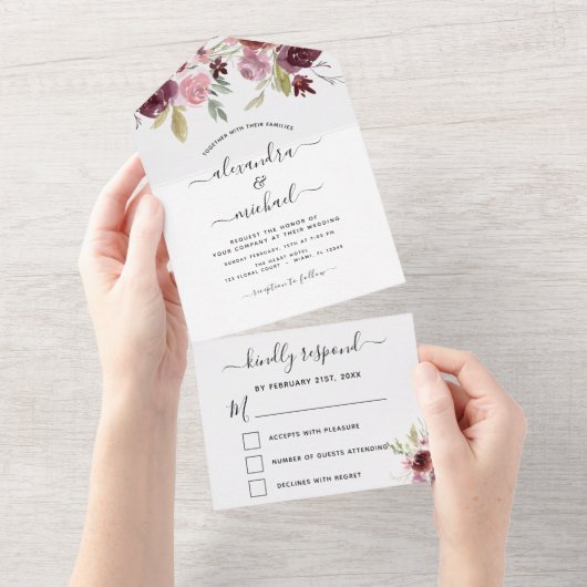 結婚のバーガンディーピンクフローラ花RSVP オールインワン招待状 (貼ってはがせる)