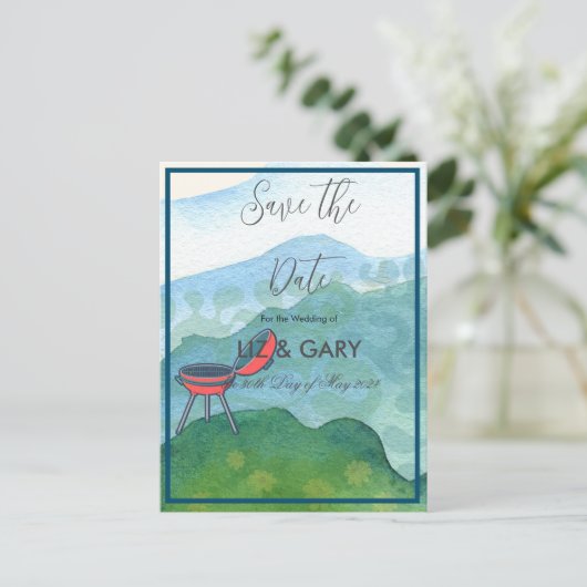 結婚のバーベキュー水の色 – 日付を保存 ポストカード (スタンド正面)