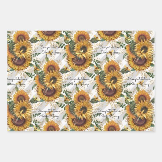 結婚のヒマワリとミツバチが名前を付ける3ギフト ラッピングペーパーシート (正面3)
