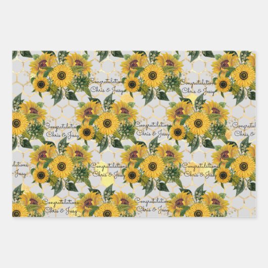 結婚のヒマワリとミツバチが名前を付ける3ギフト ラッピングペーパーシート (正面2)