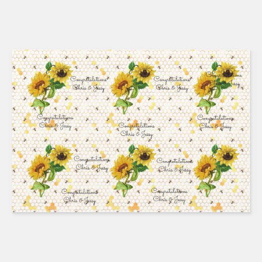 結婚のヒマワリとミツバチが名前を付ける3ギフト ラッピングペーパーシート (正面)