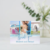 結婚のビーチブルー海3エレガント写真ありがとう ポストカード (スタンド正面)