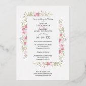 結婚のピンクと赤の色合い花と枝の写真 箔招待状 (裏面)