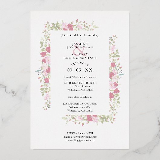 結婚のピンクと赤の色合い花と枝の写真 箔招待状 (裏面)