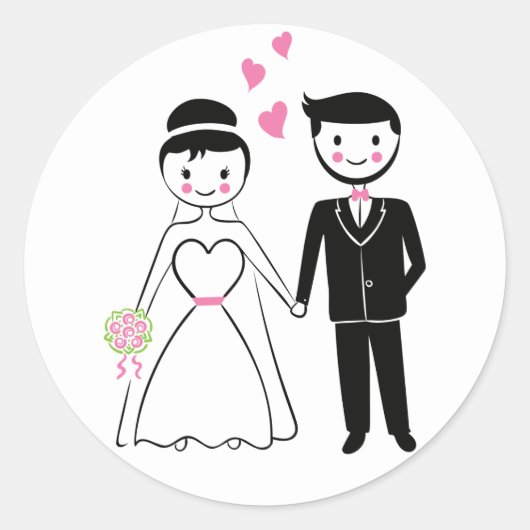 結婚のピンクの新郎新婦の漫画たった今結婚しました ラウンドシール (正面)