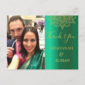 結婚のフォトグリーン金ゴールドインディアンスタイルありがとう ポストカード (正面)
