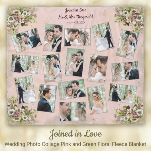 結婚のフォトコラージュピンク+グリーンフローラキープサケ フリースブランケット