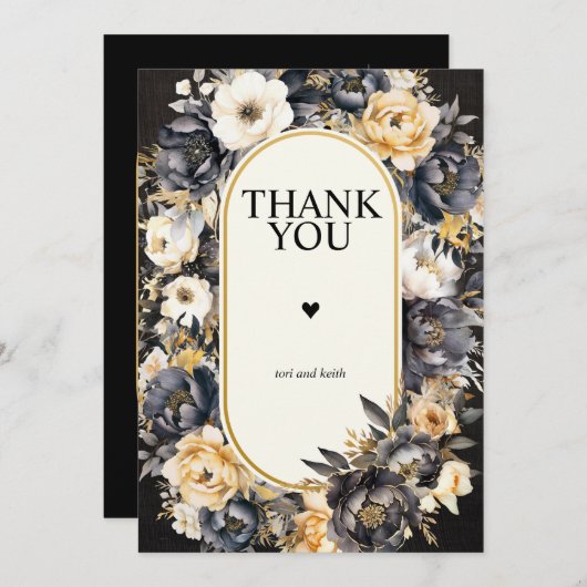 結婚のフォトサンキューカードブラックフローラ サンキューカード (正面/裏面)