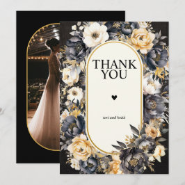 結婚のフォトサンキューカードブラックフローラ サンキューカード