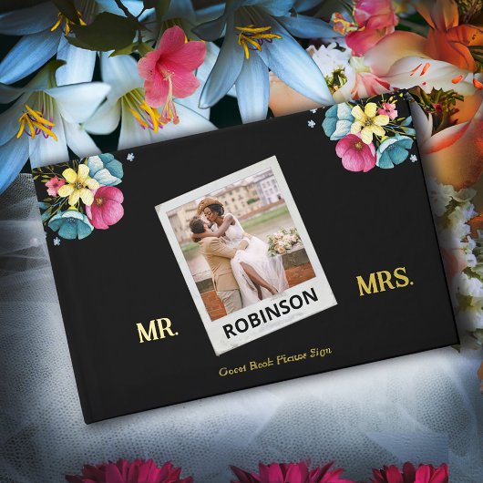 結婚のフォトフラワー金ゴールドのパーソナエレガントイズ ゲストブック