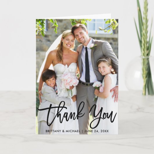 結婚のフォトブモダンラシ文字折りありがとう カード (正面)