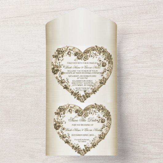 結婚のフローラゴールデン華美ハートフレームエレガント オールインワン招待状 (内側)