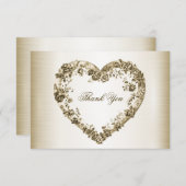 結婚のフローラゴールデン華美ハートフレームエレガント サンキューカード (正面/裏面)