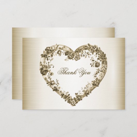 結婚のフローラゴールデン華美ハートフレームエレガント サンキューカード (正面/裏面)