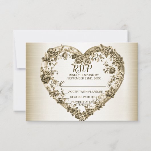 結婚のフローラゴールデン華美ハートフレームエレガント 出欠カード (正面)