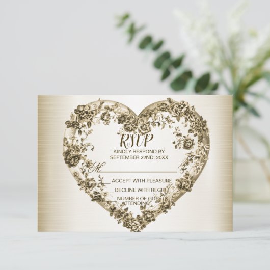 結婚のフローラゴールデン華美ハートフレームエレガント 出欠カード (スタンド正面)