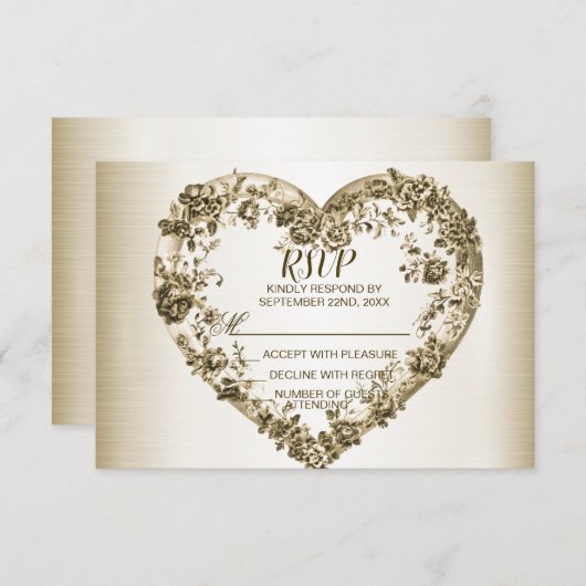 結婚のフローラゴールデン華美ハートフレームエレガント 出欠カード (正面/裏面)