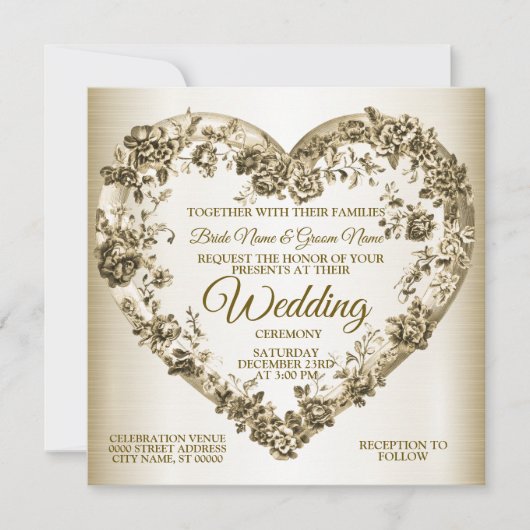 結婚のフローラゴールデン華美ハートフレームエレガント 招待状 (正面)