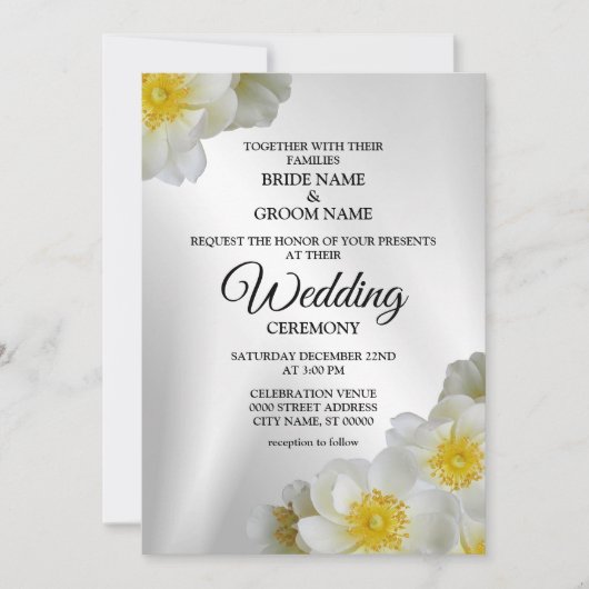 結婚のフローラホワイトイエローシルバーエレガント素朴 招待状 (正面)