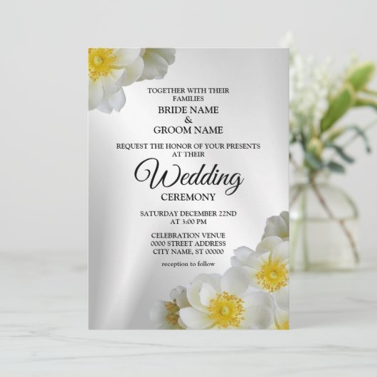 結婚のフローラホワイトイエローシルバーエレガント素朴 招待状 (スタンド正面)
