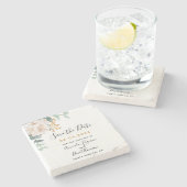 結婚のフローラeucalyptus greenery日付を保存 ストーンコースター (横)