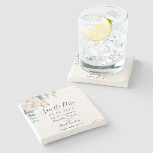 結婚のフローラeucalyptus greenery日付を保存 ストーンコースター (横)