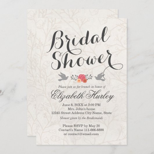 結婚のブライダルシャワー単純白エレガントフローラ 招待状 (正面/裏面)