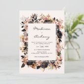 結婚のブラックおよび金ゴールドフローラQRコード2を1に 招待状 (スタンド正面)