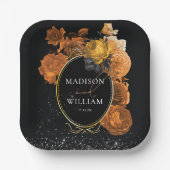 結婚のブラックグリッター詳細とオレンジフローラ ペーパープレート (正面)