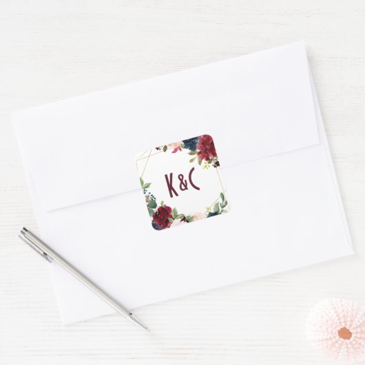 結婚のブルゴーニュと海軍のフローラ幾何学的 スクエアシール (封筒)