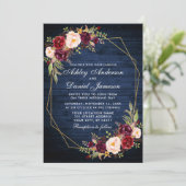 結婚のブルゴーニュフローラブルーウッドジオメトリック金ゴールド 招待状 (スタンド正面)