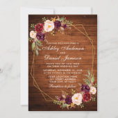 結婚のブルゴーニュフローラ木幾何学模様金ゴールド枠 招待状 (正面)